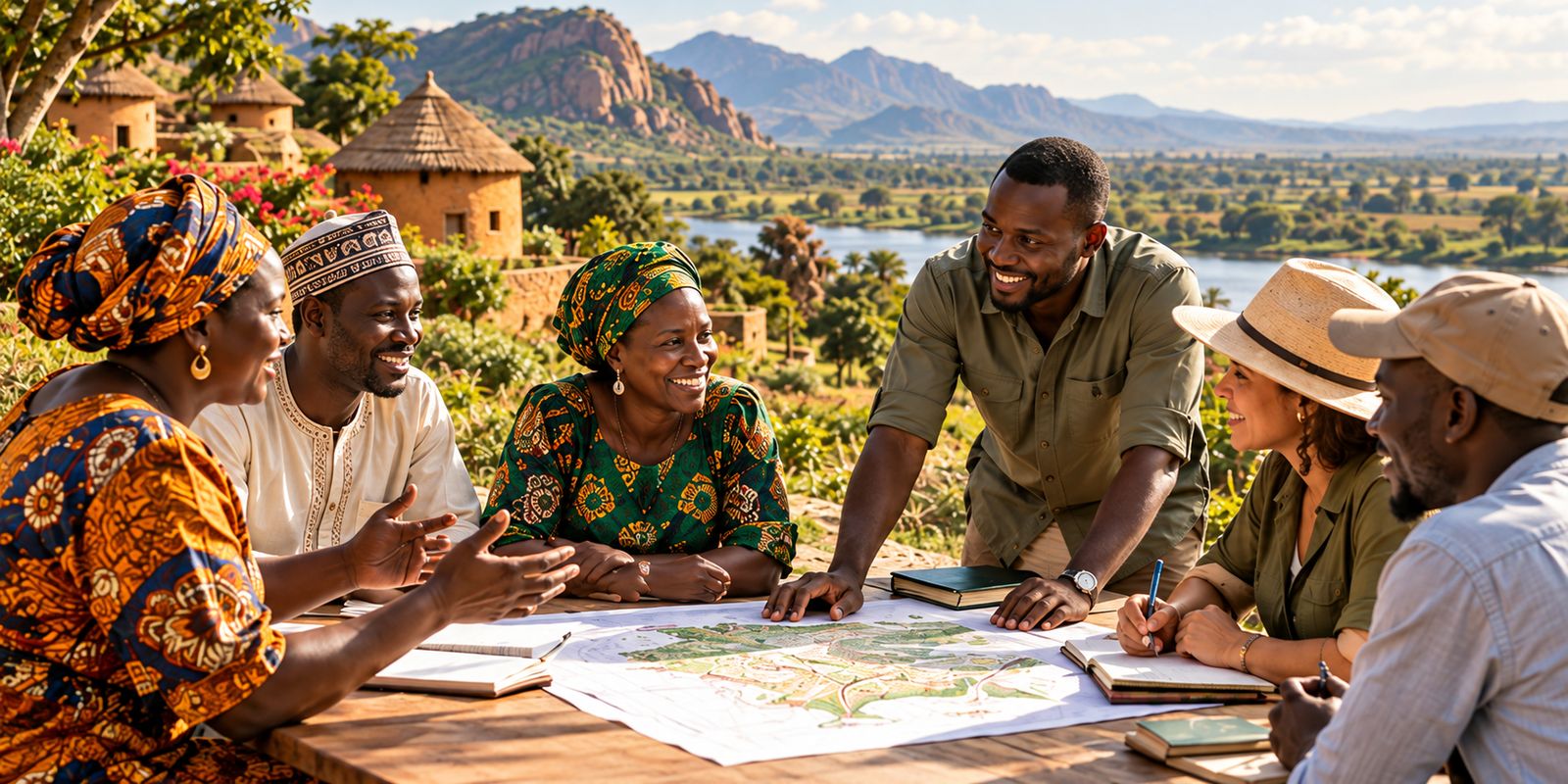 Illustration : habitants, porteurs de projets et voyageurs réunis autour d'une carte pour construire ensemble un projet de territoire